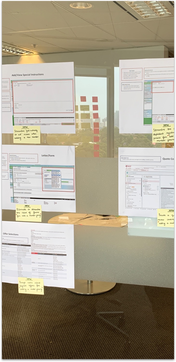 Workshop wall framing the problems before sketching solutions.