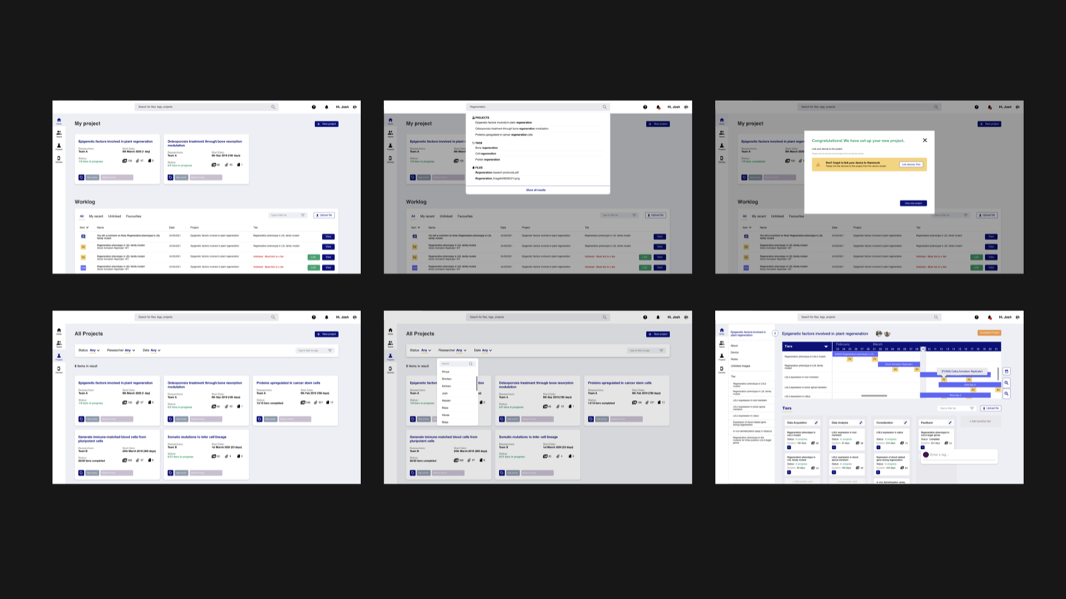 Screens across the journey, from project setup to data analysis.